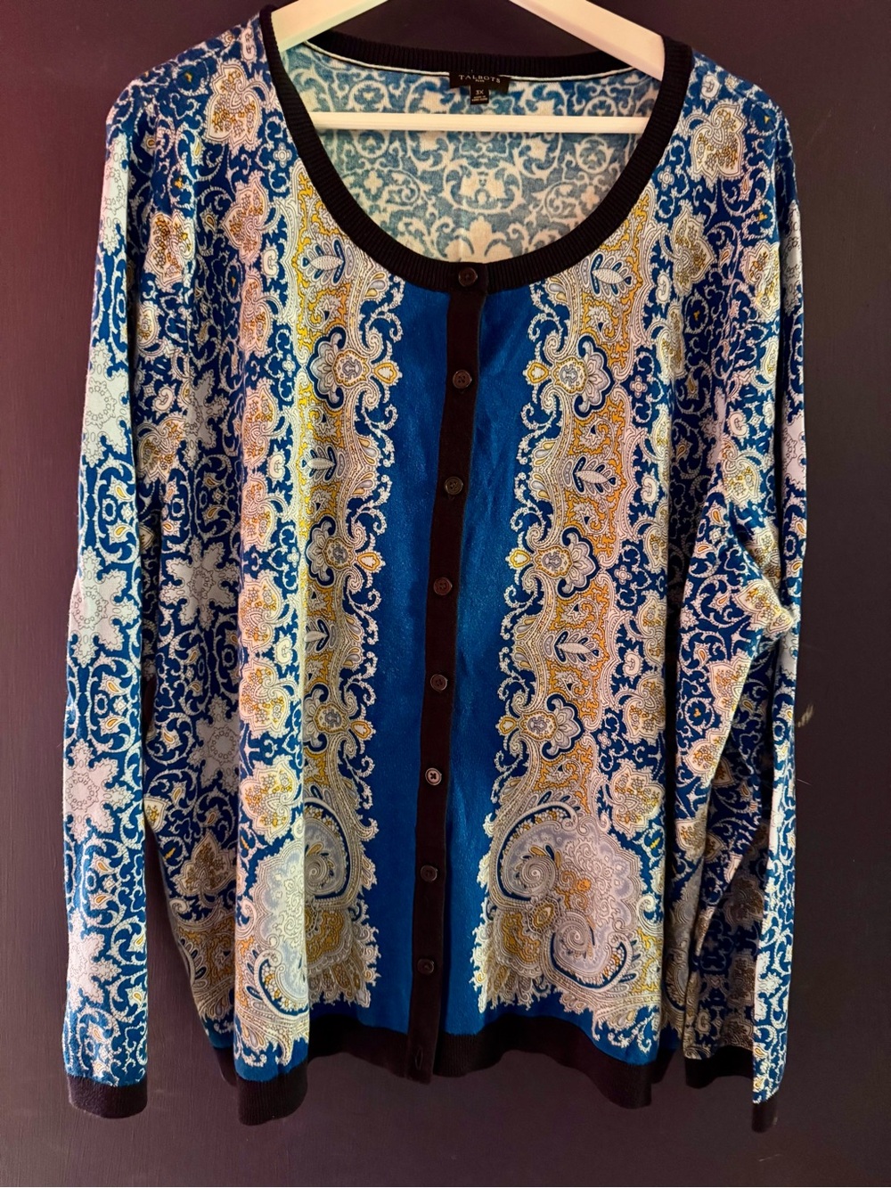 Talbots Blue and Gold Paisley Button-Front Cardigan, 3X